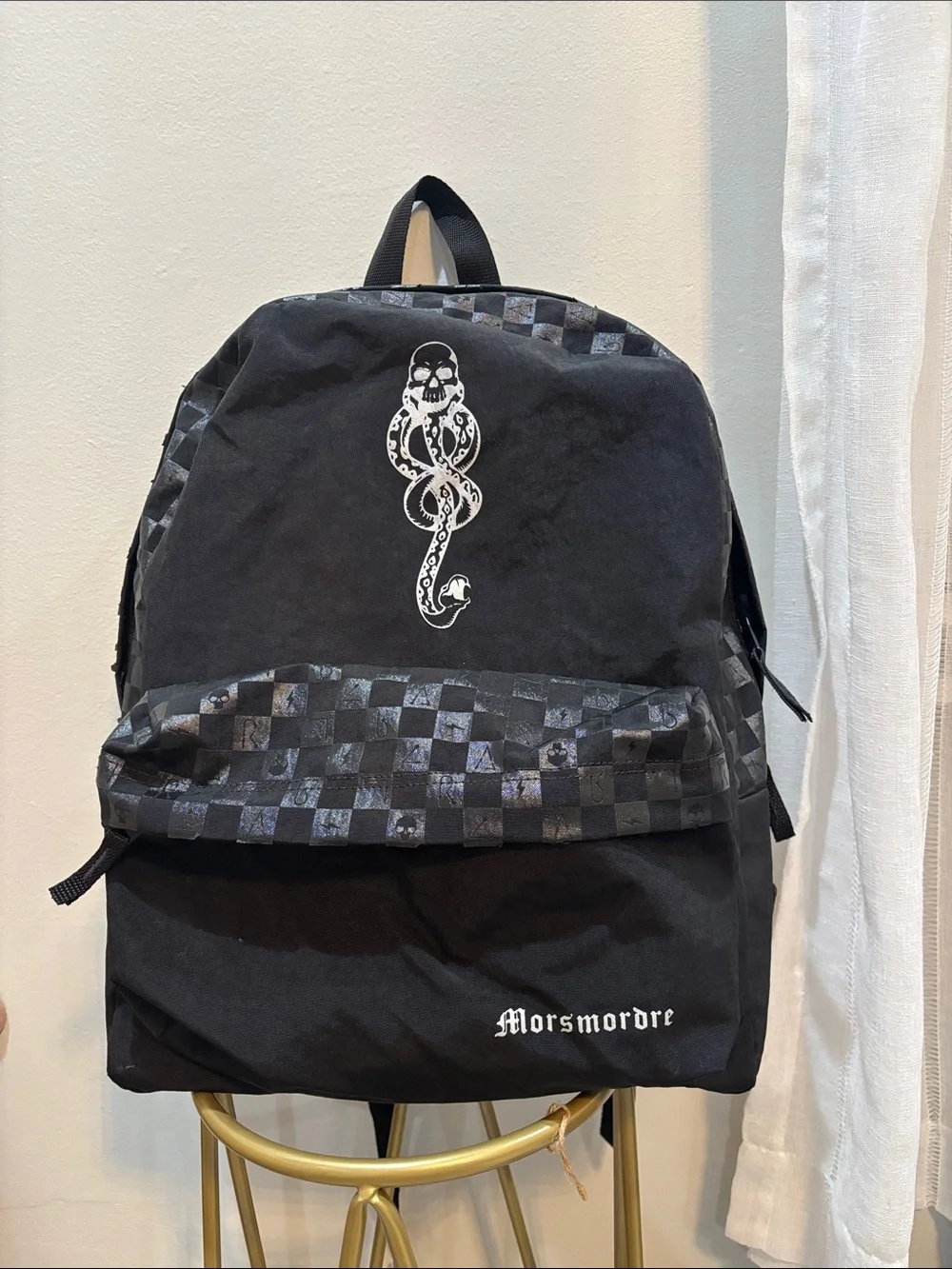 Vans Black Backpack with White Snake Crest and Checker Trim
